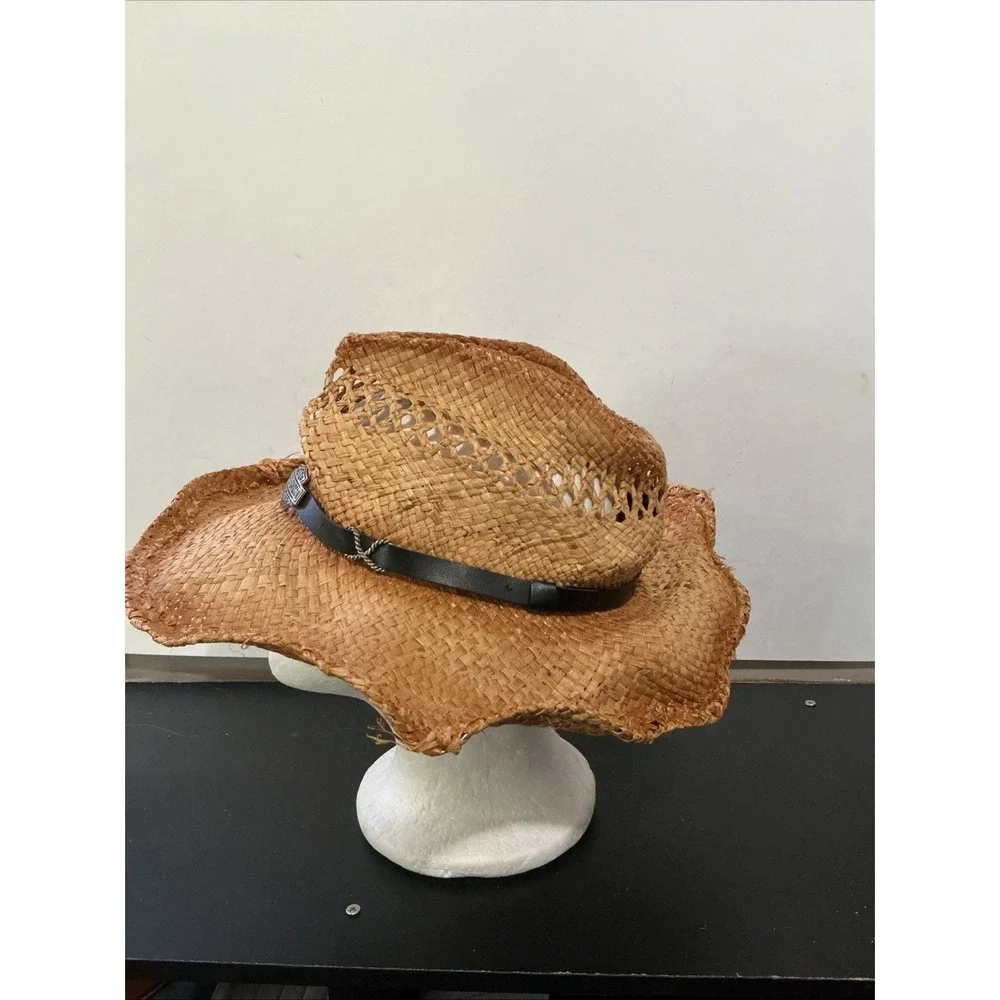 Harley Davidson Bend-Brim Straw Cowboy Hat F&M Hat Co Leather Band SZ S/M WORN